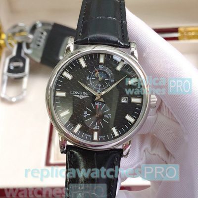 Hot Sale Replica Longines Black Dial Black Leather Strap Men's Watch